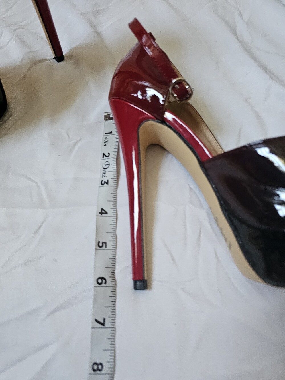 Merumote Size 6.5 Black Burgundy Patent Peep Toe Platform Stiletto Heels - Picture 8 of 11
